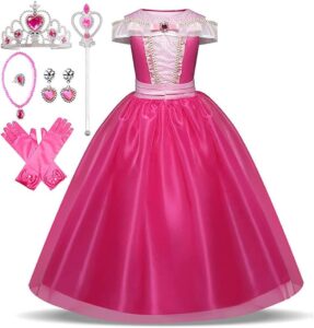 ERMWALR Girls Princess Dress Sleeping Beauty Dress Up for Girls with Crown Necklace Sets
