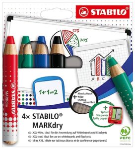 Whiteboard and Flipchart Markers - STABILO MARKdry - Pack of 4 - Assorted Colours with Sharpener + Wiping Cloth