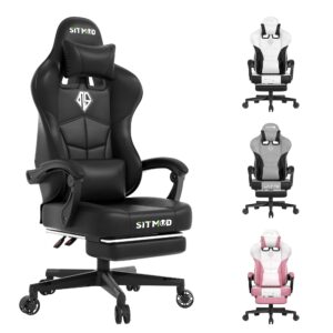 Popsit Gaming Chair with Footrest Ergonomic Computer Gamer Chair with Headrest and Lumbar Support Big and Tall PU Leather Video Game Chair Height Adjustable Swivel Office Chair for Adult (Black)