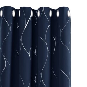 Deconovo Energy Saving Curtains Blackout Curtains Silver Wave Foil Printed Eyelet Curtains for Bedroom Navy Blue W55 x L96 One Pai