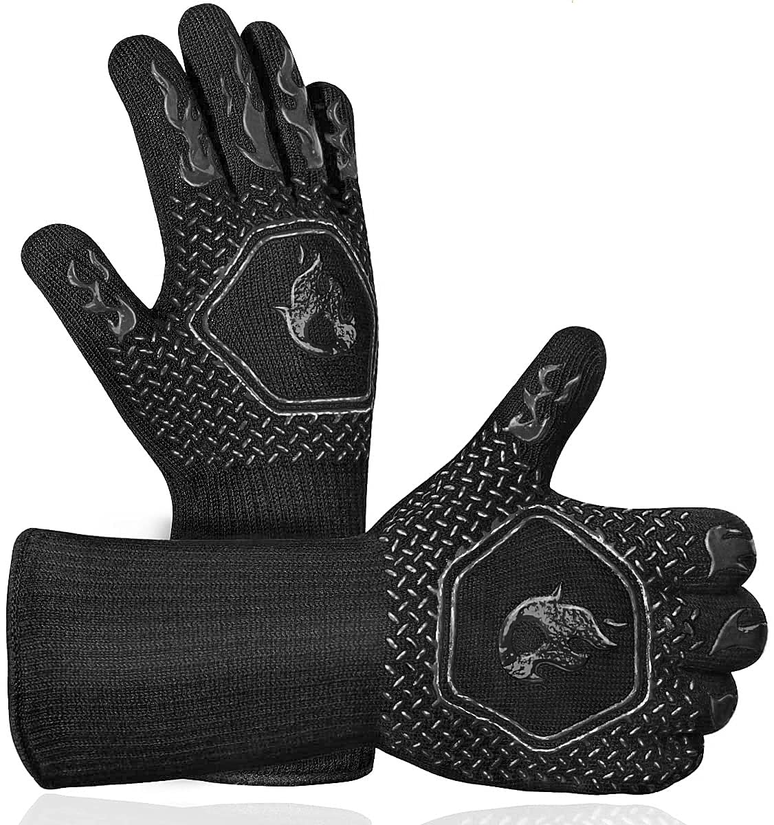 BBQ Gloves Extreme Heat Resistant:1472℉ Silicone Heat Proof Oven gloves for Baking Grilling Barbecue Cooking - Kitchen Grill Non-Slip Mitts with Fingers for Men Women/Black