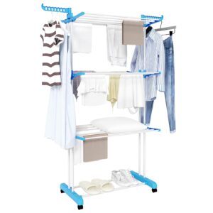 Trintion Clothes Drying Rack 3 Tier Adjustable Rolling Laundry Hanger with Foldable Wings Large Stainless Steel Garment Dryer with Casters for Outdoor Indoor(Lake Blue)