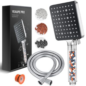 Shower Head and Hose 1.6M with Filter - YEAUPE PRO Square High Pressure Shower Heads and Hose with 6 Jet Modes