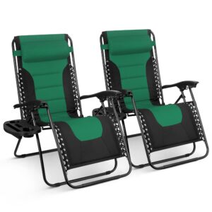 KEPLIN Set of 2 Heavy Duty Textoline Zero Gravity Chairs for Garden Light Reclining Patio Sun loungers Easy to Clean Adjustable Head Rest Foldable with Cup & Phone Holder (Dark Green)