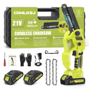 Mini Chainsaw Cordless 6 inch Electric Mini Chainsaw Electric Pruning Chain Saw with Replacement Chain 2 Batteries Oiler System Security Lock Handheld Chainsaw for Wood Cutting Tree Trimming