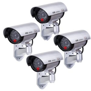 Albert Austin Pack of 4 Dummy CCTV Camera Outdoor Fake Security Camera with Flashing Red Light Battery Powered Easy to Install Adjustable Mounting Bracket Lightweight Compact Design CCTV Signs Silve