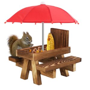 Felenny Outdoor Wooden Squirrel Feeder Funny Squirrel Feeding Table with An Umbrella for Garden Yard Tree