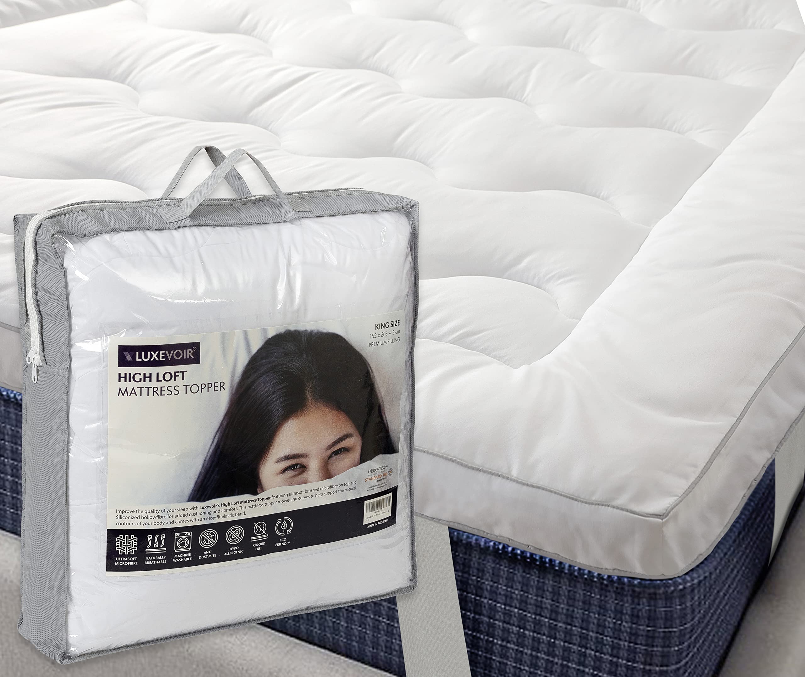 Luxevoir® High Loft Mattress Topper | Super Soft Hotel Quality Hypoallergenic & Brushed Microfiber Top with Hollowfiber Filling | Elasticized Corner Straps fits up to 40 CM | Double 137 x 190 + 5 CM