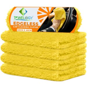 Towelogy® Premium Edgeless Microfibre Cloth for Car Drying and Detailing Dual Sided Piles Ultra Plush Scratch Free Cleaning Auto Towels 40x40cm (Yellow