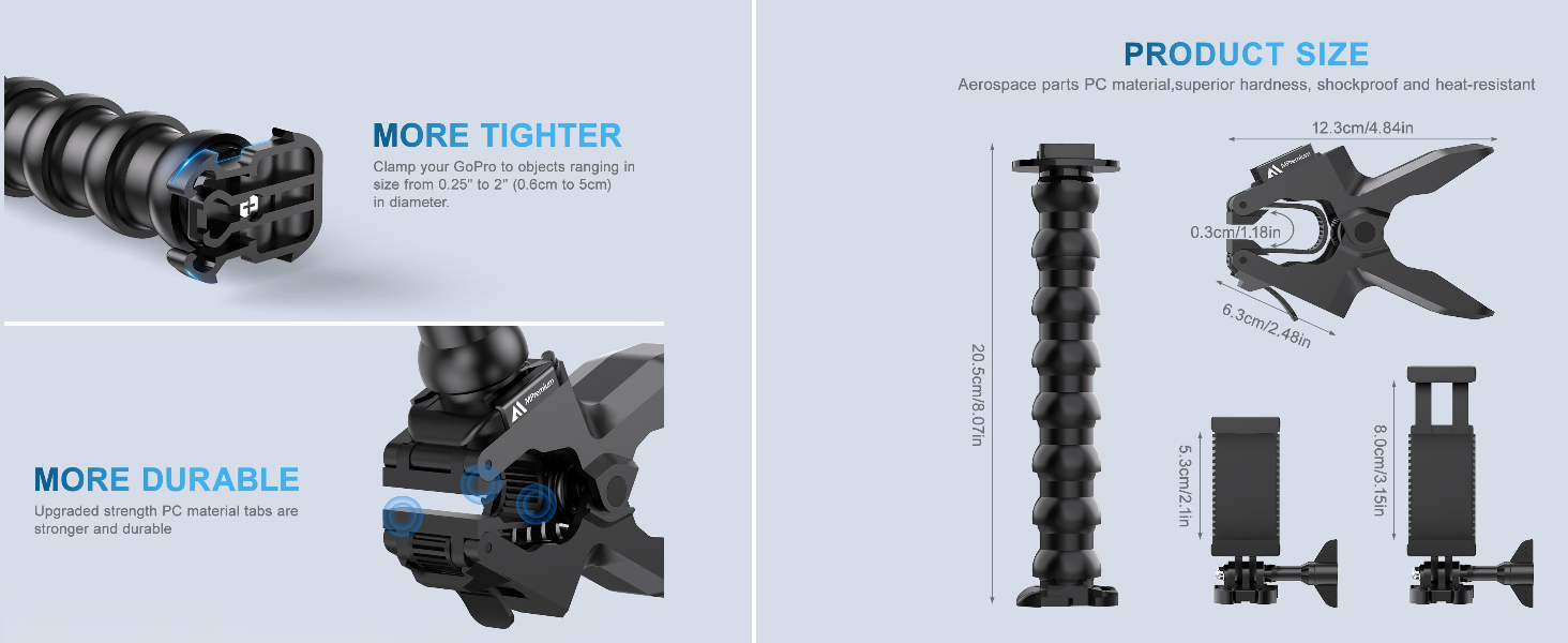 Jaw clamp gooseneck mount attachment for GoPro Hero 8 7, 6, 5, 4 HERO Crosstour AKASO SJCAM