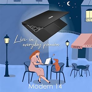 Cartoon illustration of a woman using an MSI Modern 14 laptop in a cafe
