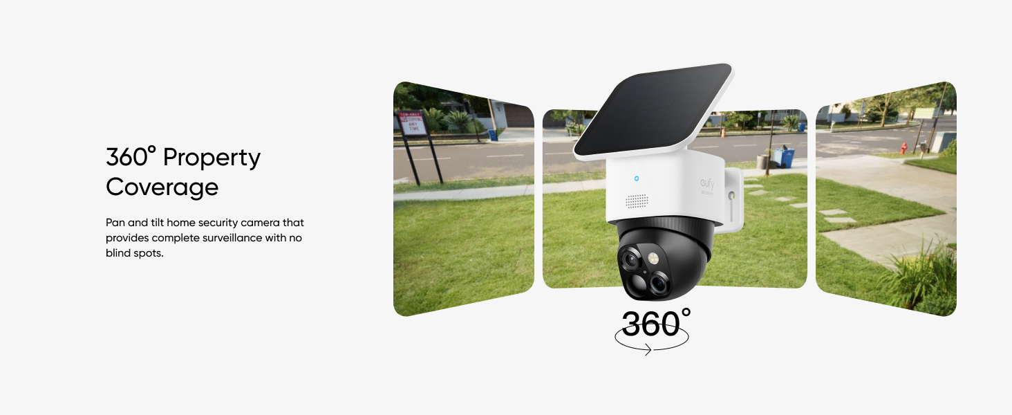 Outdoor security camera with solar panel and 360-degree rotation capability. Multiple image panels show different angles of the device mounted on a pole in a grassy area.