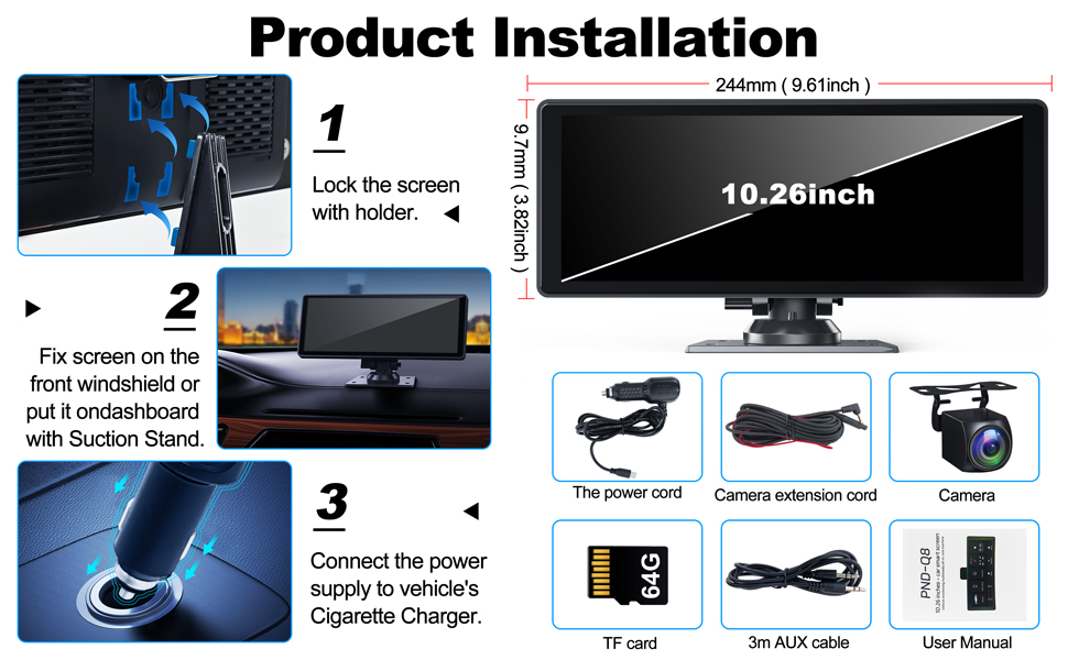 10.26' Wireless Apple Carplay Screen with 4K Dash Cam - Portable Car Stereo mirror link