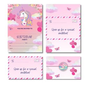 Cardlyst – 24-32 Kids Childrens Unicorn Birthday Party Invitations Kids Invites with Folding Envelope Design and Stickers Pack of 24-32 Invites for Boys and girls - Printed and designed in UK!… (32)