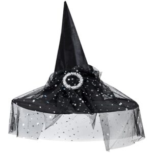 Adult Witch Hat Womens Halloween Costume Witches Hat - Black Witch Hat with Black Veil and Sequins for Adult Witch Costume Fancy Dress - Halloween Witch Hat Halloween Accessories Witch Accessories