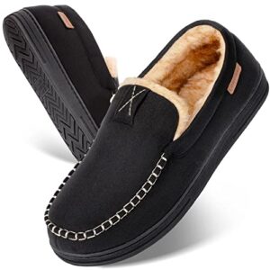 LongBay Men's Comfort Moccasin Slippers Memory Foam Warm Fluffy Faux Fur House Shoes with Indoor Outdoor Rubber Sole