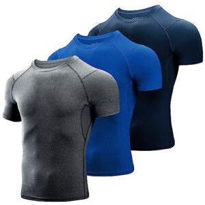 Niksa 3 Pack Compression Tops for Men Short Sleeve Mens Running Top Mesh Design Quick Dry Base Layer Top for Gym Sports Fitness Workout Cycling