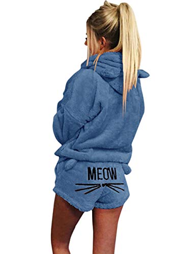 Blivener Poplover Womens Cute Fleece Pajamas Suit Hooded Sleepwear Meow Shorts Se