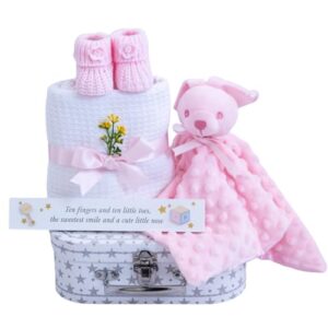 Bambinebee New Baby Hamper Gift Set - Unique Keepsake Suitcase Memory Box - Bunny Comforter