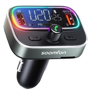 FM Bluetooth Transmitter Car - SOOMFON Enhanced Dual Mic V5.3 Bluetooth Car Adapter PD30W QC18W Car Charger 9 Color Lights