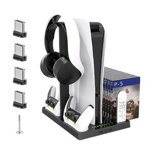 PS5 Storage Stand and Cooling Station with Earphone stand,PS5 Controller Charging Station with Two 4000RPN PS5 Cooling Fan and 15 Game Slots PS5 Accessories,Multiple output ports Easy to install