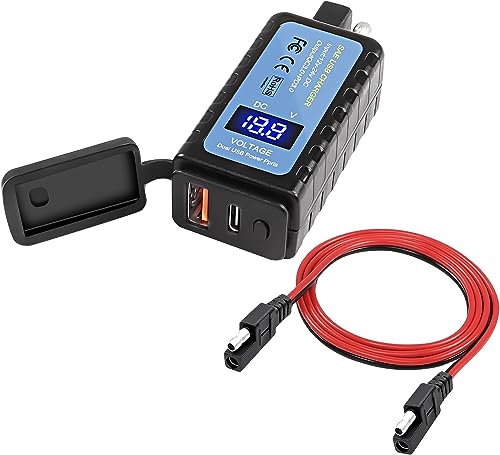 XMSJSIY Motorcycle Phone USB Charger Adapter SAE to Type-C PD & USB Quick Charge 3.0 Extension Cable with Voltemeter