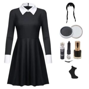 MAQMUD Wednesday Addams Dress Kids Outfits For Girls Wednesday Costume Cosplay Dress Up Black Mesh Flare Dress For Halloween Carnival Christmas Party Supplies