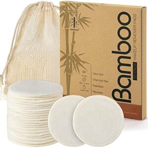 ASPACES Reusable Makeup Remover Pads - 20 Packs Natural Bamboo Cotton Rounds Eco-Friendly for All Skin Types with Cotton Laundry Bag