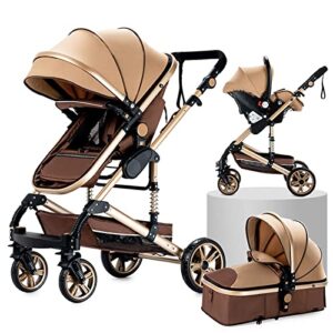 3 in 1 Baby Travel System Pushchair Baby Stroller 3 in 1 Portable Travel Baby Carriage Folding Baby Prams Aluminium Frame High Landscape Car for Newborn Babyboomer Poussette (Beige)