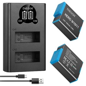 ENEGON Hero 11 10 9 Battery 1800mAh 2 Pack Rechargeable Li-Ion Battery and Dual Smart LCD Port Charger for Gopro Hero 11 10 9 Black Action Camera Battery Chargers (1xCharger+2 x Batteries)
