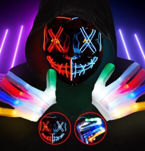 Halloween LED Mask & Light Up Gloves - 2pc LED Halloween Mask and Gloves Set for Mens Halloween Costume - Purge Scary Halloween Costumes for Men Halloween LED Mask with 3 Light Settings and LED Gloves