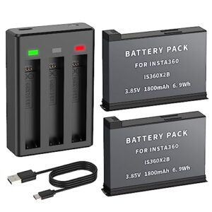 Adicop Insta360 X2 Batteries Replacement Batteries 2 Packs for Insta360 ONE X2 Battery with Fast Charge Hub 3-Channel CINOSBT/B 1800mAh Insta 360 x2 Accessories (2*Batteries+Charge Hub)