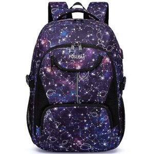 PUSLOM School Backpack School Bags for Girls Boys Teens College Rucksack Galaxy Backpack Unisex with USB Charging Port Water Resistant School Rucksack Fits 17.3 Inch Laptop