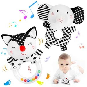 Baby Rattles Toys for 0-6 Months: Black and White Sensory Toys Newborn Plush Toy Elephant Soft Rattle with Teething Ring for 0 3 6 9 12 Month Infant Boys Girls Shower Gift (Elephant/Fox)