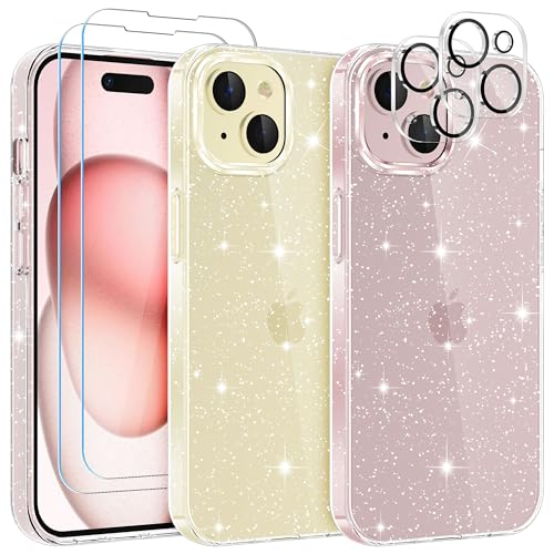 YIRSUR Glitter Clear Case Compatible with iPhone 15 with 2 Pack Screen Protector with 2 Pack Camera Lens Protector