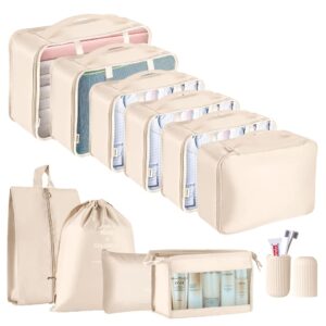 Packing Cubes for Suitcase - GEEDIAR 11 PCS Luggage Organizers Waterproof Travel Essentials Clothes Shoes Storage Bags (Beige)