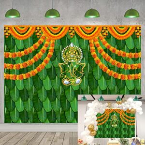 Diwali Backdrops India Pooja Traditional Backdrop for Photography 8x6FT Marigold Green Banana Leaf Chatiya Ganesh Traditional Festival Background Puja Ganpati Wedding Party Decorations Photo Props