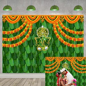 India Pooja Traditional Backdrop for Photography 7x5FT Marigold Green Banana Leaf Chatiya Ganesh Traditional Festival Background Puja Ganpati Wedding Party Decorations Photo Props