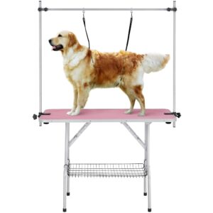 Yaheetech 46" Pet Dog Grooming Table Height Adjustable Dog Beauty Table for Large Dogs/Cats w/Storage Basket/Noose Tools 177cm High Pink