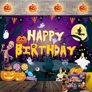 Halloween Happy Birthday Backdrop Halloween Photography Background Pumpkin Candy Ghost Spooky Castle Party Banner for kids Happy Birthday halloween party Decor (6x4FT)