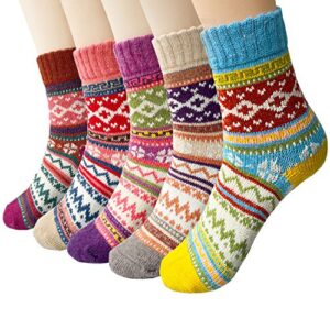 Justay Pucott 5 Pairs Ladies Socks Winter Wool Socks Breathable Soft Thick Thermal Socks Colourful Womens Socks for Present Quality Christmas Gifts for Wome