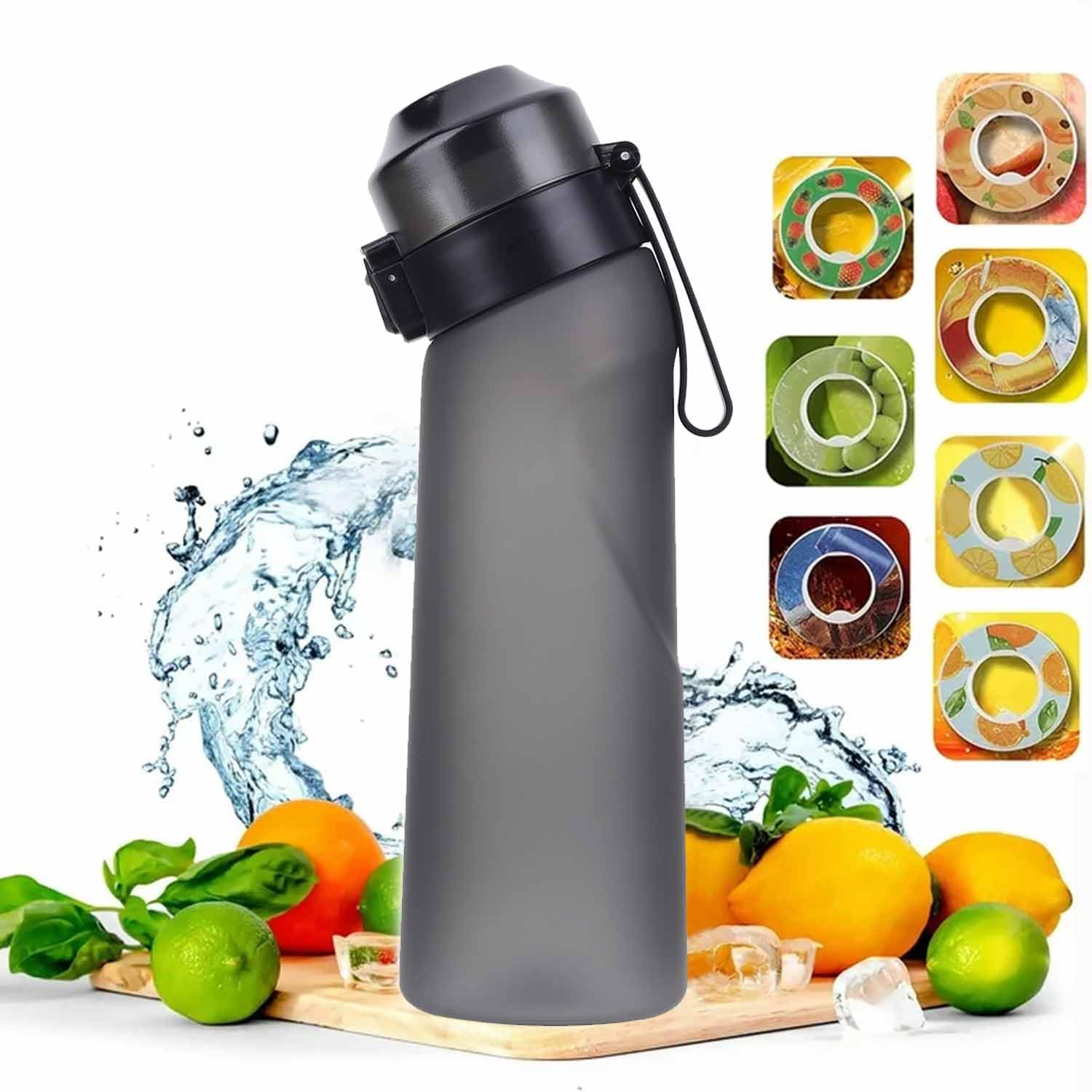 AVZYARDY NEW Air Water Bottle 650ml Fruit Fragrance Water Bottle BPA Free Sports Air Water Bottle Set with 7 Fruit Flavour Pods Scented 0 Sugar and Water Cup with Straw (Frosted Grey+7flavor Pods)