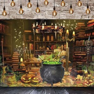 Halloween Photography Backdrop Witch Magic Spooky Room Background Retro Cauldron Bookshelf Halloween Party Decoration Photo Studio Booth Props (7x5FT)