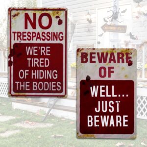 2 Pack Halloween Signs Vintage-Retro Fashion Funny Metal Sign No Trespassing We're Tired of Hiding The Bodies Outdoor Halloween Decorations for Yard Home Garden Bar Gifts 8x12inch