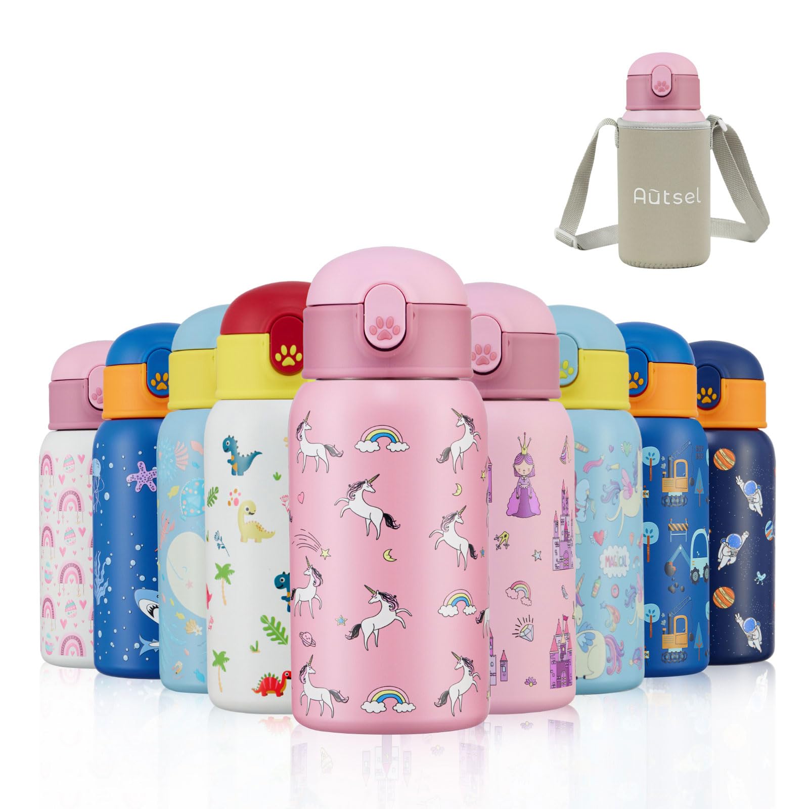 Autsel Kids Water Bottles with Straw 500ml Insulated Stainless Steel Unicorn Water Bottle BPA-Free Reusable Metal Water Bottle with Protective Case for Girls and Boys Keep 6h Hot & 12h Cold