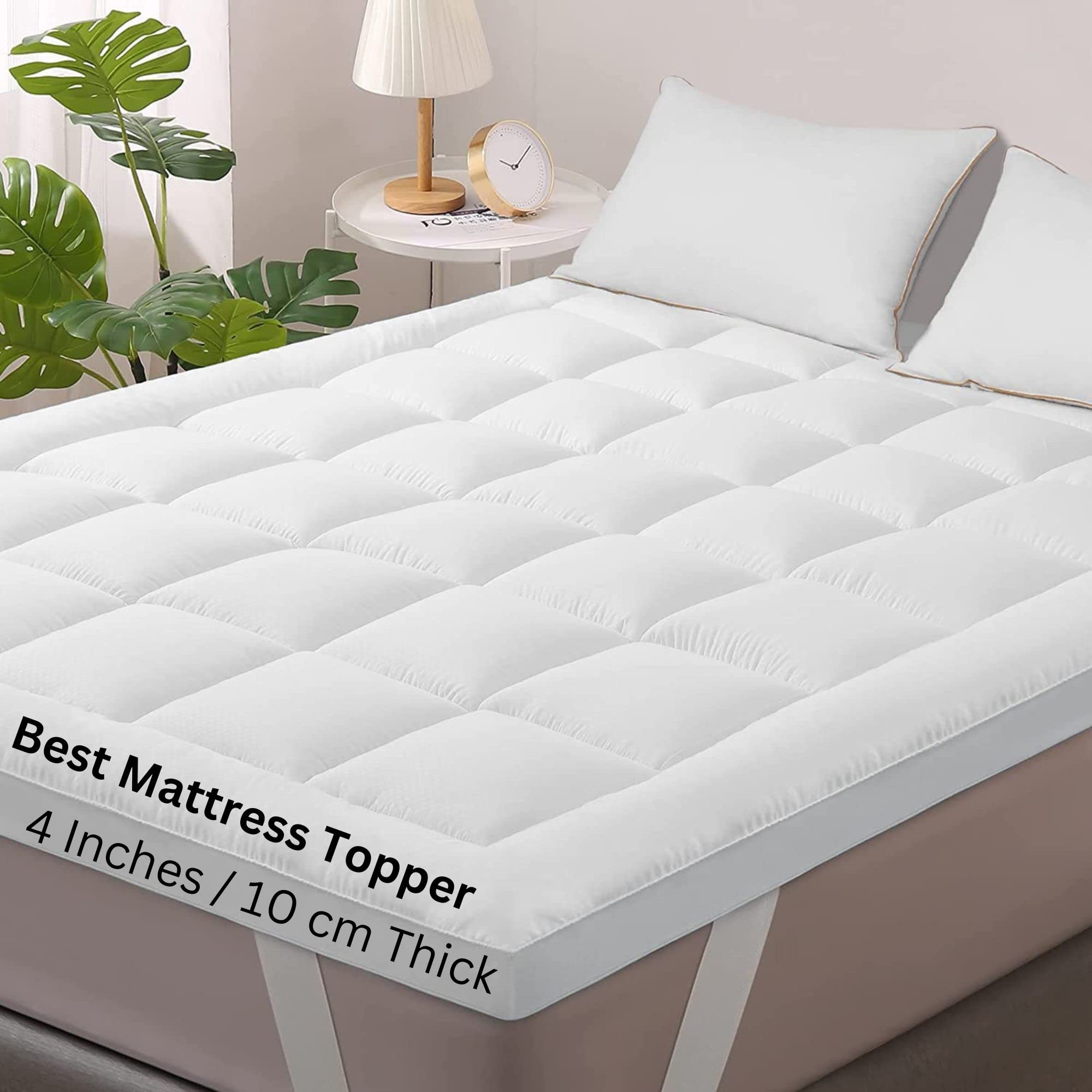 Mattress Topper Kingsize Bed - Noor’s Collections 4 inches Thick King Size Mattress Toppers | Anti Allergic | Machine Washable | Foldable Portable Matress Topper with Four Sided Anchor Corner Straps