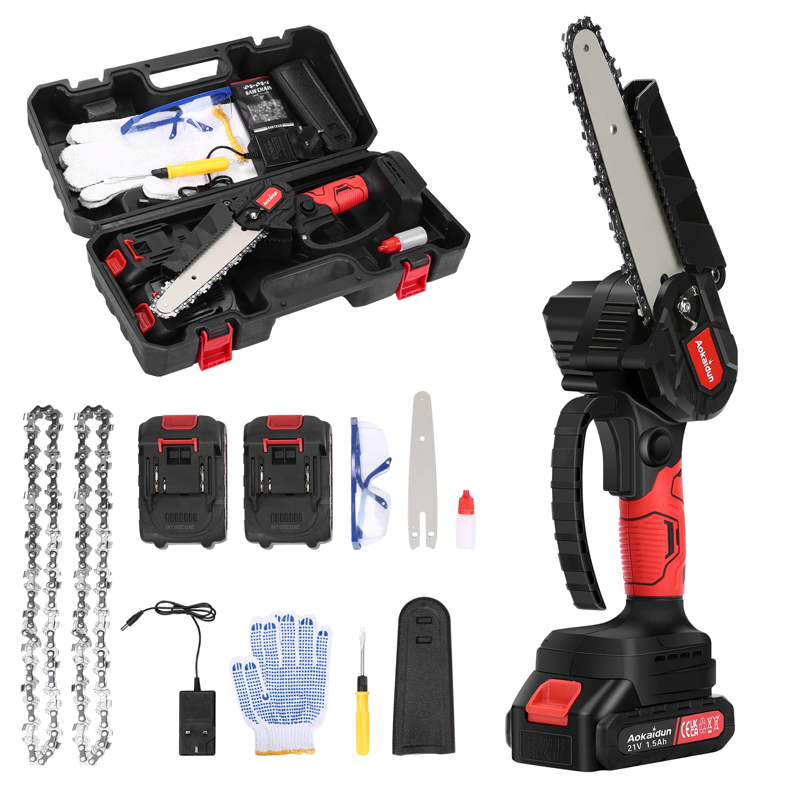 Aokaidun Mini Chainsaw 6 Inch Cordless Electric Chainsaw with 2 Battery and Charger Security Lock Quick Charge Handheld Small Chain Saw for Wood Cutting Tree Trimming Gardening