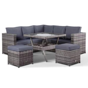 Club Rattan Lille Corner Sofa with Dining Table and 2 Stools in Small Grey Ratta