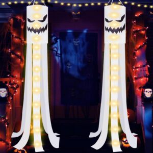 190CM Halloween Windsocks with String Lights Halloween Outdoor Decorations 2 Sets Double Sided Ghost Windsocks Hanging Decorations with 6 Flying Ribbons Halloween Decor for Garden Tree Yard Party