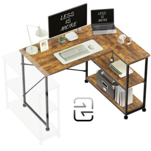 TRIUMPHKEY 110CM L Shaped Desk Corner Desk with Shelves Reversible Left or Right Computer Workstation Computer Desk Study Office Desk Storage Shelves Home Office Work Table for Office Rustic Brow